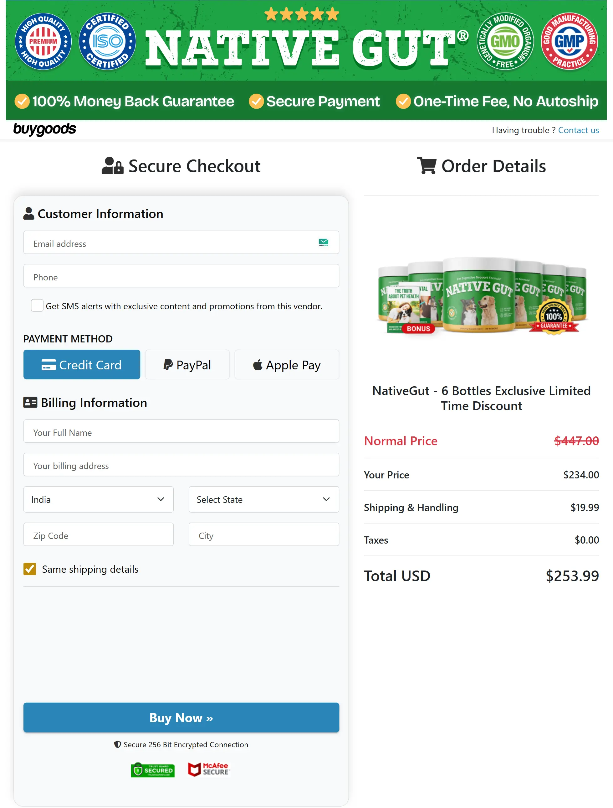 NativeGut secure online ordering process with encrypted checkout and protected payment system